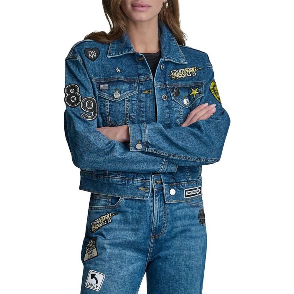Dkny Womens 1989 Pins & Patches Tribeca Wash Jacket, Blue